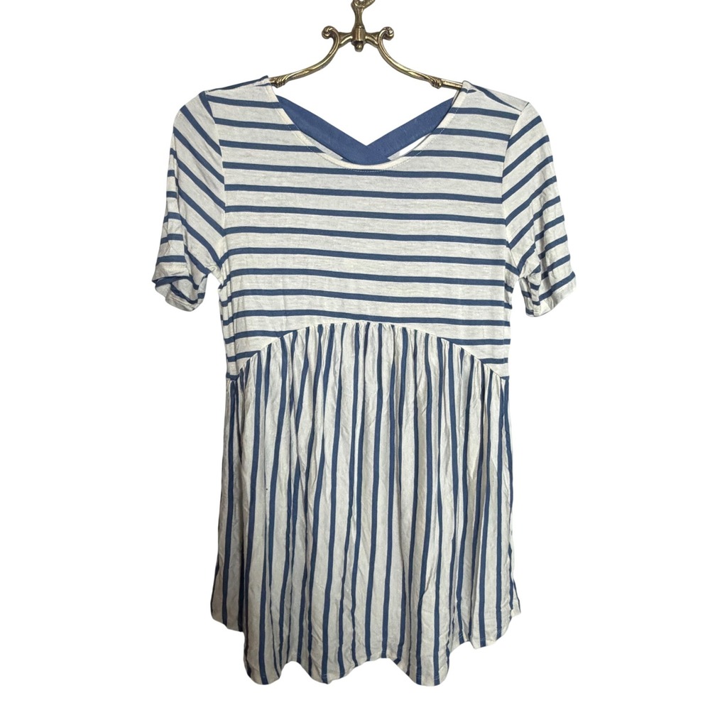 PinkBlush Blue White Striped Babydoll‎ Peplum Top V-Neck Short Sleeve Small 4792